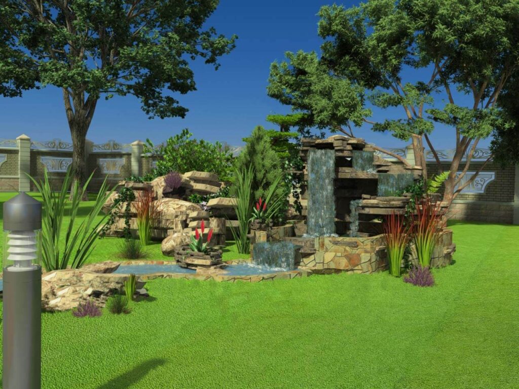 3D візуалізація водоспаду і скель у ландшафтному дизайні