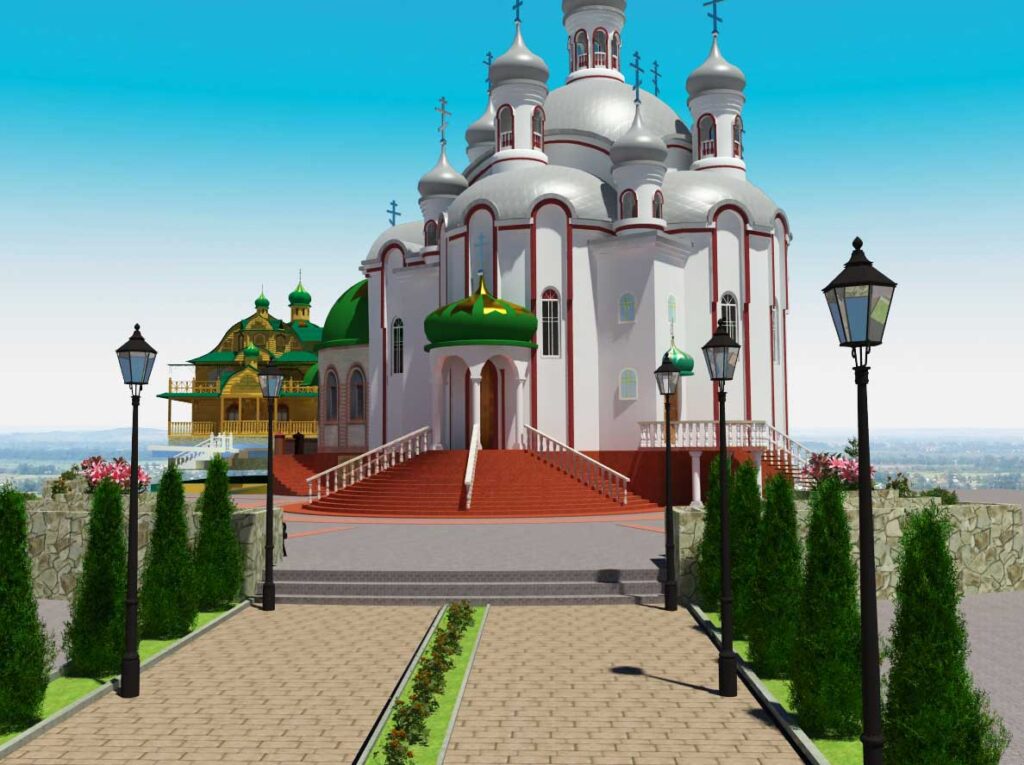 Вхід у монастир, оформлення фасаду церкви і ландшафтний дизайн монастиря