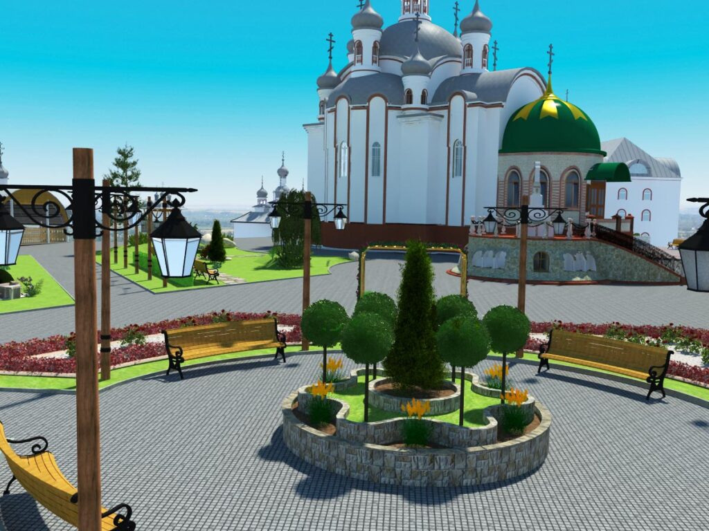 Ландшафтні композиції біля церкви на території монастиря